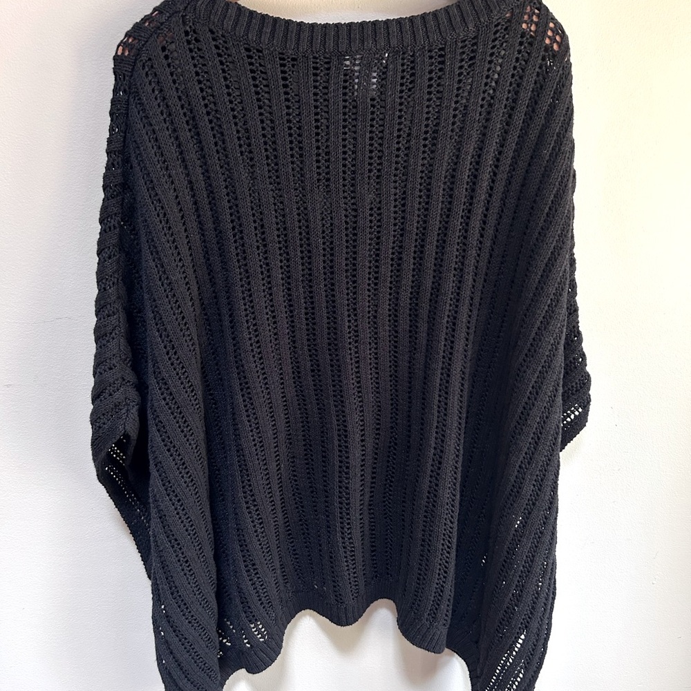 Garnet Hill ~ Black Linen & Organic Cotton Crochet Open Weave Poncho in OS - Picture 7 of 14